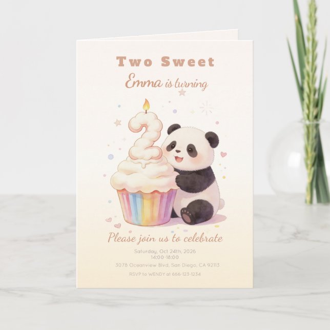 Convite Doce Panda de Pastel de Aniversário de 2 Anos (Frente)