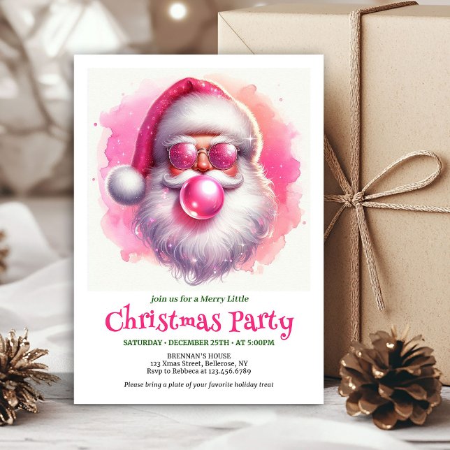 Convite Doce Papai Noel rosa chiclete aquarela Natal (Sweet pink santa chewing gum watercolor Xmas invite)