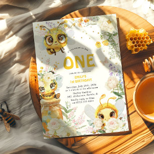 Convite Doce para Abelha UM Floral Abelha 1º Aniversário
