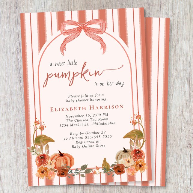 Convite Doce Pequena Abóbora Outono Bebê Menina Churrasco (Sweet Little Pumpkin Fall Baby Girl Shower Invitation)