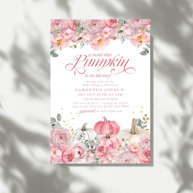 Convite Doce Pequena Abóbora Rosa Floral Outono Chá de Beb (Criador carregado)