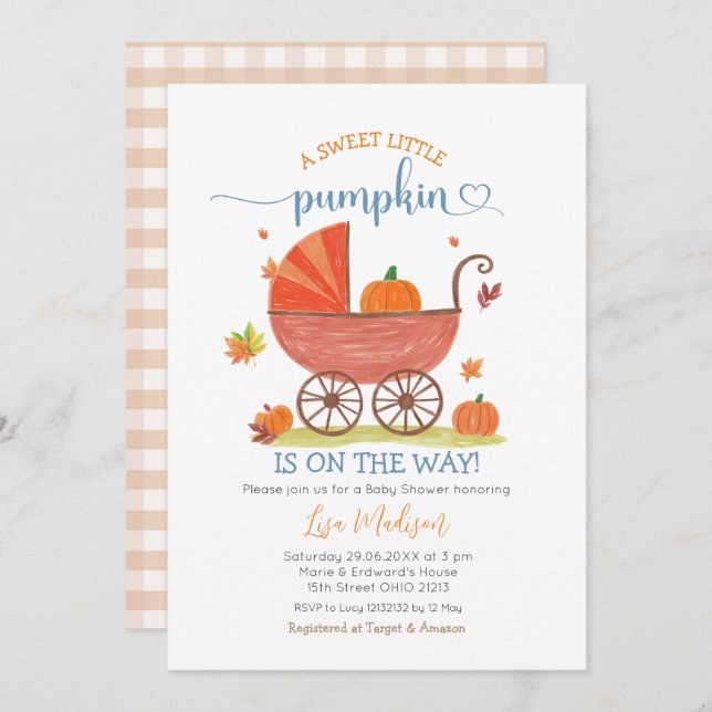 Convite Doce Pequena Carruagem de Abóbora Chá de fraldas (Frente/Verso)