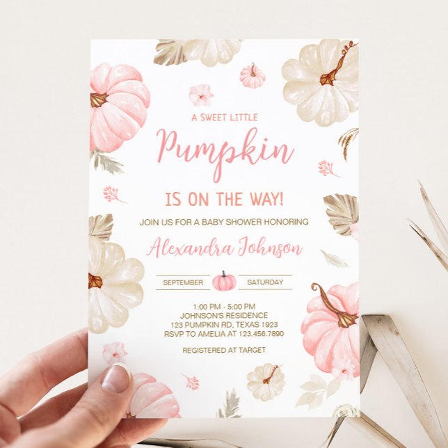 Convite Doce Pequeno Abóbora Rosa Festa de Bebê Outono (Girl Sweet Little Pumpkin Fall Baby Invitation)