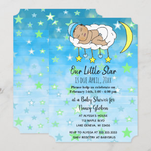 Convite Doce pequeno bebê hispânico estrelas e luas azuis