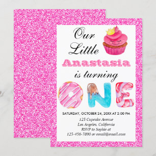 Convite Doce Pequeno Bolo de Aniversário Rosa Brilho 1º An