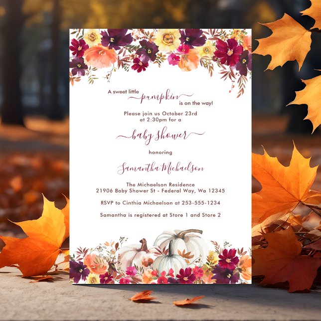 Convite Doce Pequeno Chá de fraldas Floral de Abóbora (Sweet Little Pumpkin Fall Floral Baby Shower Invitation)
