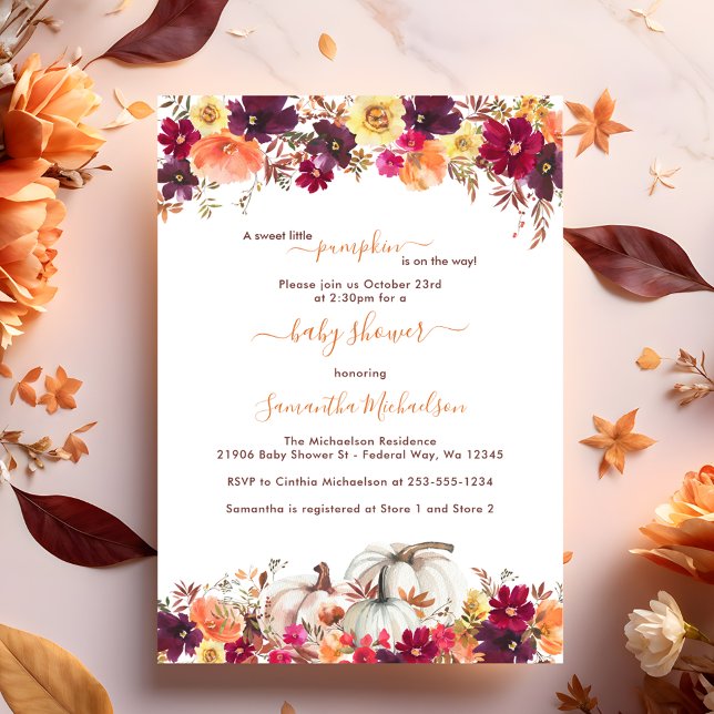 Convite Doce Pequeno Chá de fraldas Floral de Abóbora (Sweet Little Pumpkin Fall Floral Baby Shower Invitation)