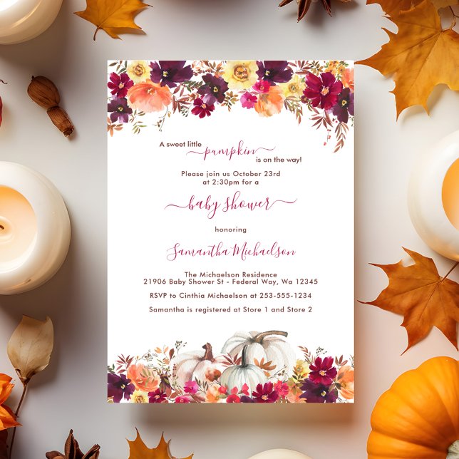 Convite Doce Pequeno Chá de fraldas Floral de Abóbora (Sweet Little Pumpkin Fall Floral Baby Shower Invitation)