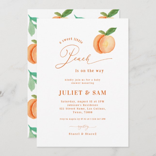 Convite Doce Pequeno Sexo de Pêssego Chá de fraldas Neutro (Frente/Verso)