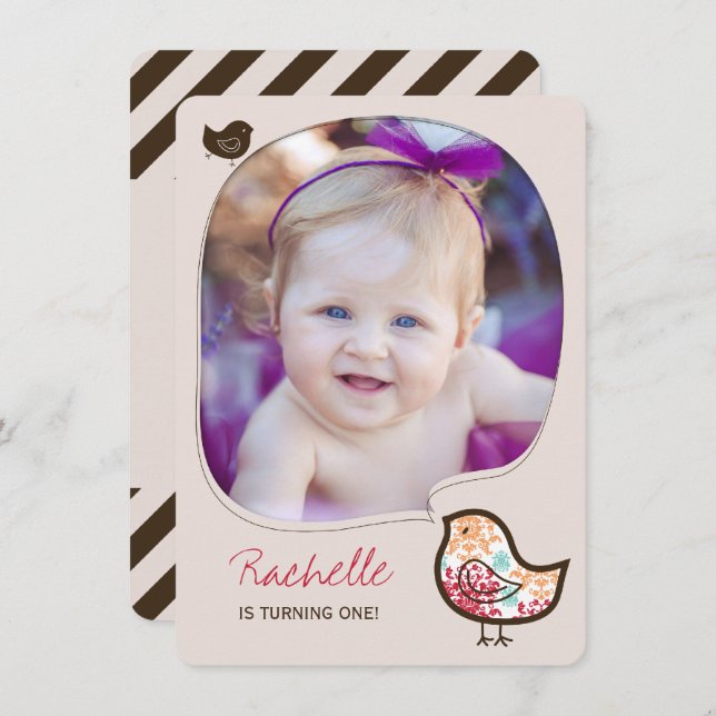 Convite Doce Pintinho Damask primeiro aniversario Girl Con (Frente/Verso)