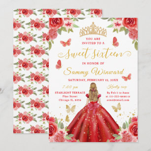Convite Doce Princesa de Dezesseis Rosas Vermelhas Tiara D