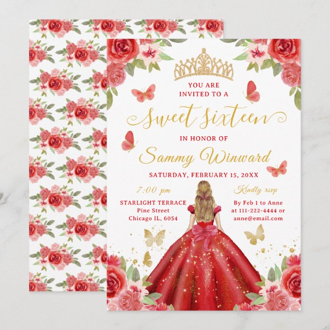 Convite Doce Princesa de Dezesseis Rosas Vermelhas Tiara D (Frente/Verso)