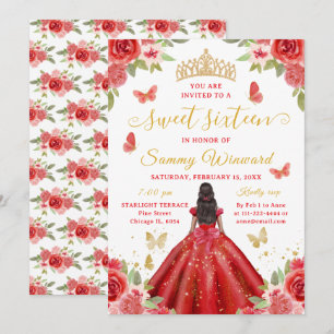 Convite Doce Princesa Negra Tiara Floral Vermelha Dezessei