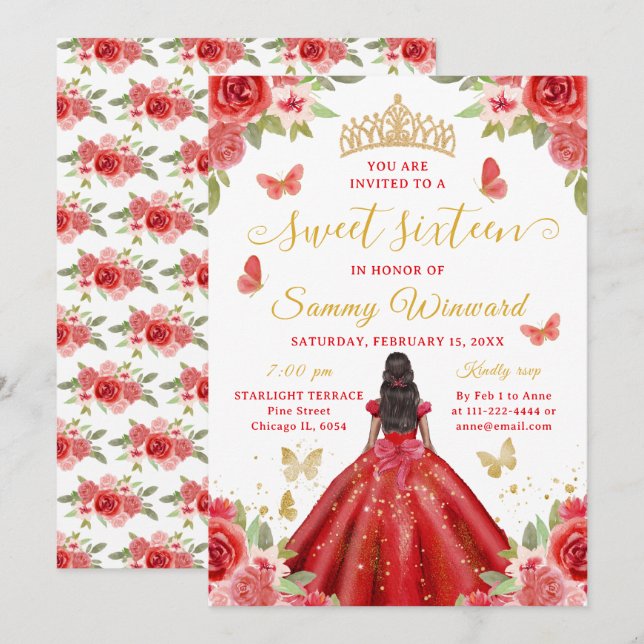 Convite Doce Princesa Negra Tiara Floral Vermelha Dezessei (Frente/Verso)