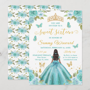Convite Doce Princesa Negra Tiara Turquesa Dezesseis