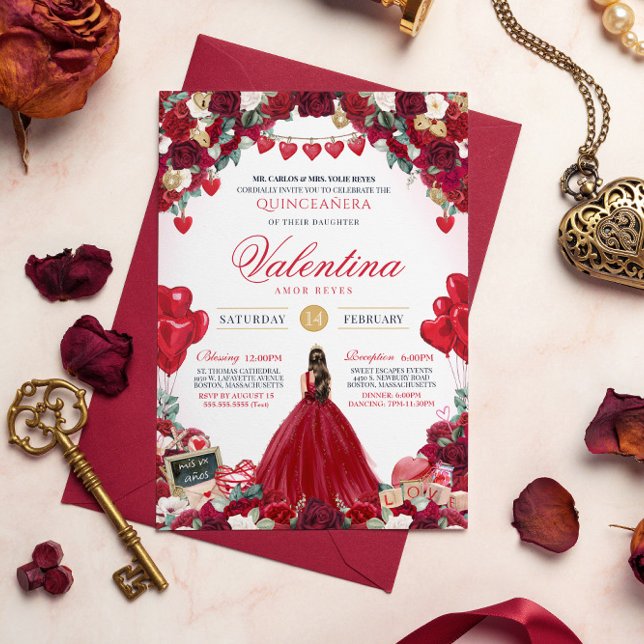 Convite Doce Quinceañera 15 Dia de os namorados Vermelho (Criador carregado)