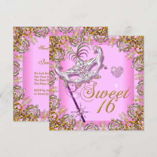 Convite Doce Rosa Sessenta Doce 16 Mascarada Dourado