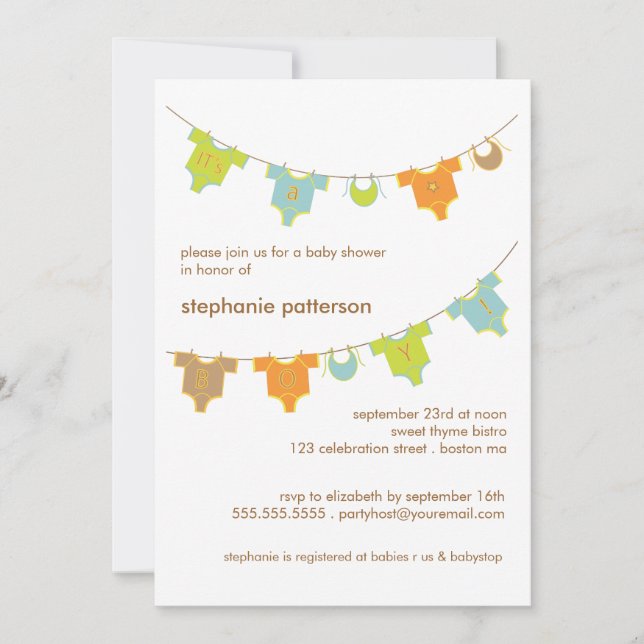 Convite Doce roupa de bebê LIne É um Chá de fraldas de men (Frente)