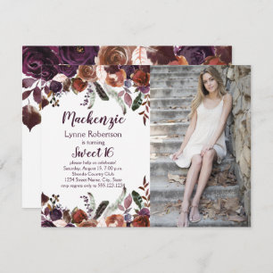 Convite Doce roxo 16 da foto dos rosas do rum da manteiga