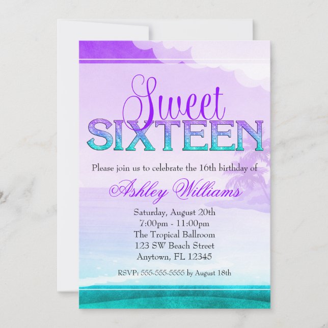 Convite Doce roxo 16 do Aqua da faísca tropical (Frente)