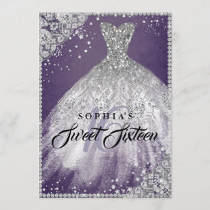 Convite Doce roxo 16 do vestido da faísca do laço do