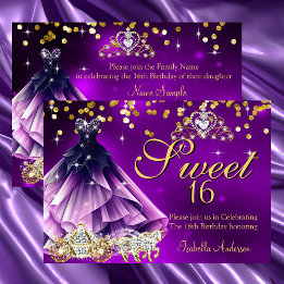 Convite Doce Roxo 16 Vestido de Aniversário Tiara Carruage