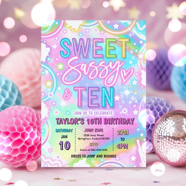 Convite Doce Sassy E Dez Arco-Íris Neon 10º Aniversário (Criador carregado)