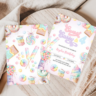 Convite Doce Sassy e quatro Pastel Candyland 4º Aniversári