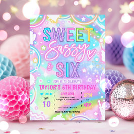 Convite Doce Sassy E Seis Arco-Íris Neon Aniversário de 6 