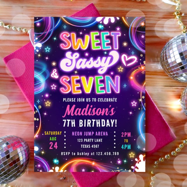 Convite Doce Sassy e Sete 7 Neon Glow Girl Aniversário (Criador carregado)