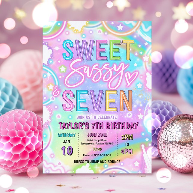 Convite Doce Sassy E Sete Arco-Íris Neon Aniversário de 7  (Criador carregado)