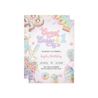 Convite Doce Sassy e Um Pastel Candy Primeiro Aniversário