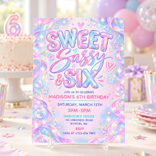 Convite Doce, Sassy & Seis Aniversário de 6 anos Pastel Ho