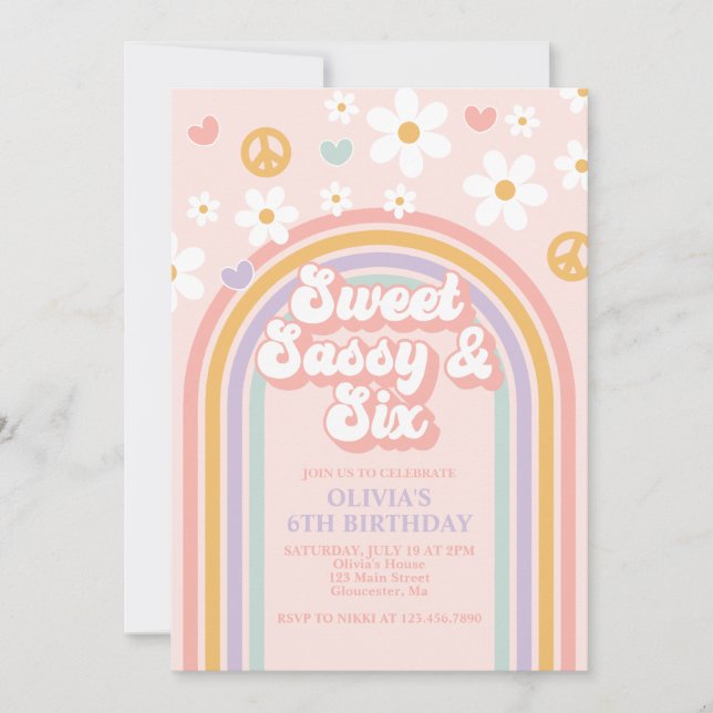 Convite Doce Sassy Seis Arco-íris de 6º Aniversário Retrô (Frente)