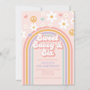 Convite Doce Sassy Seis Arco-íris de 6º Aniversário Retrô