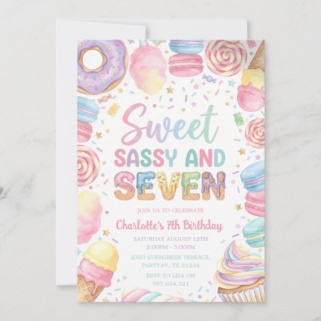 Convite Doce Sassy Sete 7º Aniversário (Frente)