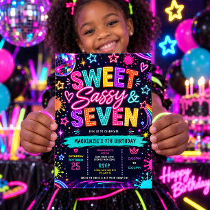 Convite Doce, Sassy & Sete: Aniversário de 7 anos Neon Glo