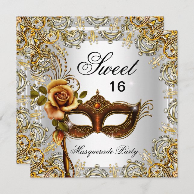 Convite Doce Sessenta Doce 16 Mascarada Dourado 2 (Frente/Verso)