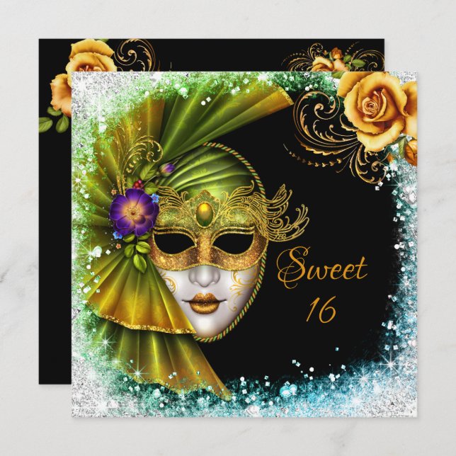 Convite Doce Sessenta Mascarada Mardi Gras Dourado Verde (Frente/Verso)