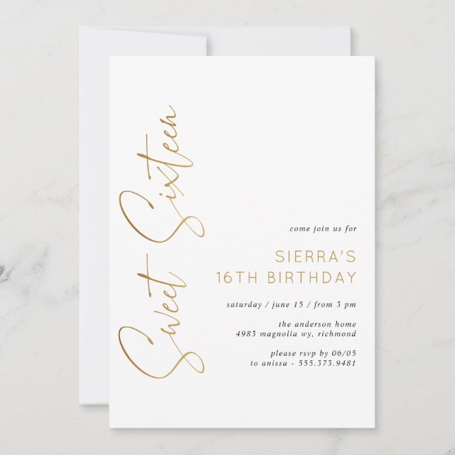 Convite Doce Sessenta White e Dourado Script 16º Aniversár (Frente)