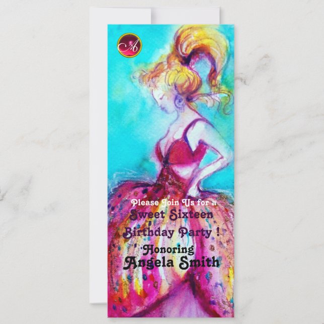 Convite DOCE SEZE PARTIDOS MONOGRAMA vermelho rubi azul pr (Frente)