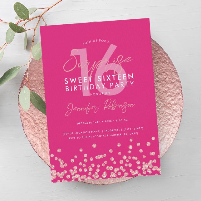 Convite Doce Surpresa de Brilho Rosa Quente Dourado rosa 1 (Rose Gold Hot Pink Glitter Surprise Sweet 16 Invitation)