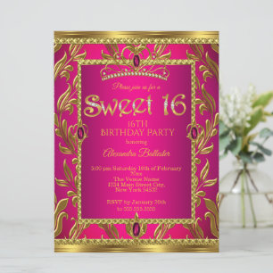 Convite Doce Tiara de Joias Rosa Quente Dourado Aniversári