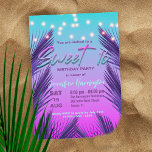 Convite Doce Tropical de Verão Exótico de na moda 16<br><div class="desc">Entra num mundo de encantamento com o nosso convite de aniversário 16 doce, perfeito para a tua ocasião especial! O design apresenta um fundo de gradiente cativante que transita de um roxo místico para um teal sereno, definindo o palco para uma noite mágica. As luzes de cordas festivas brilham no...</div>