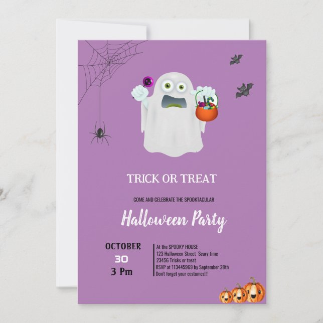 Convite Doce truque fantasma abóbora roxa halloween  (Frente)