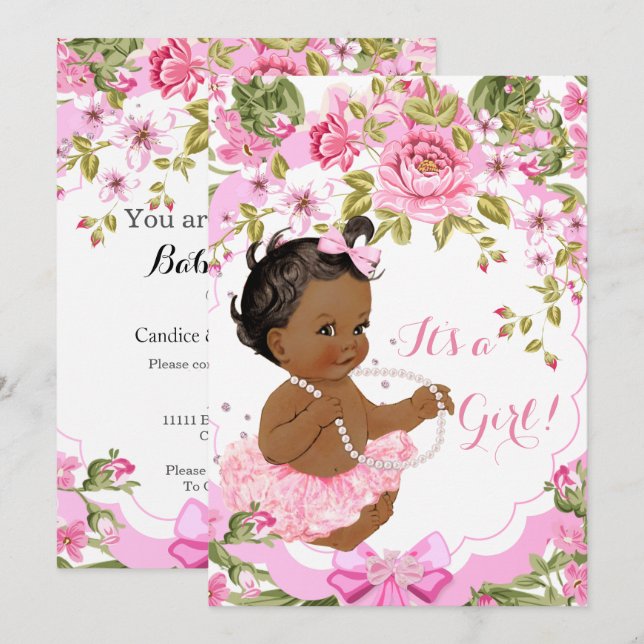 Convite Doce Tutu Étnico Rosa Floral Para Chás de Bebê Men (Frente/Verso)