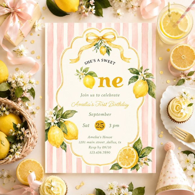 Convite Doce Um Aniversário de Limonada Rosa (Criador carregado)