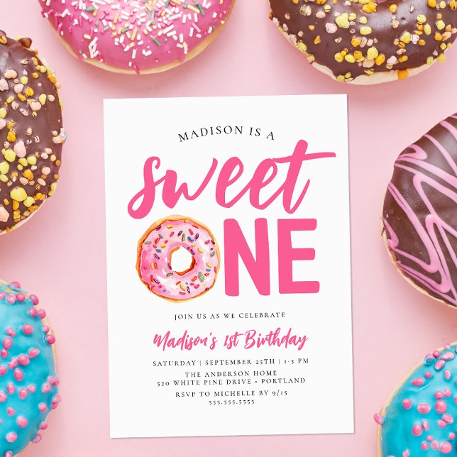 Convite Doce Um Donut Rosa Aniversário de 1 Ano (Criador carregado)