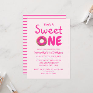 Convite Doce Um Donut Rosa Menina Aniversário de 1 Ano