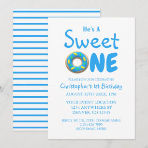 Convite Doce Um Menino de Donut Azul 1º Aniversário